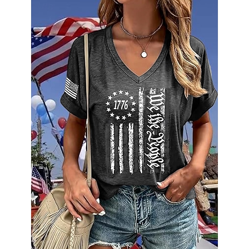 Women's Patriotic  T Shirt Graphic American Flag Vintage Stylish Classic Short Sleeve V Neck Regular Tops Daily Print Black Navy Blue Dark Gray Summer Spring3