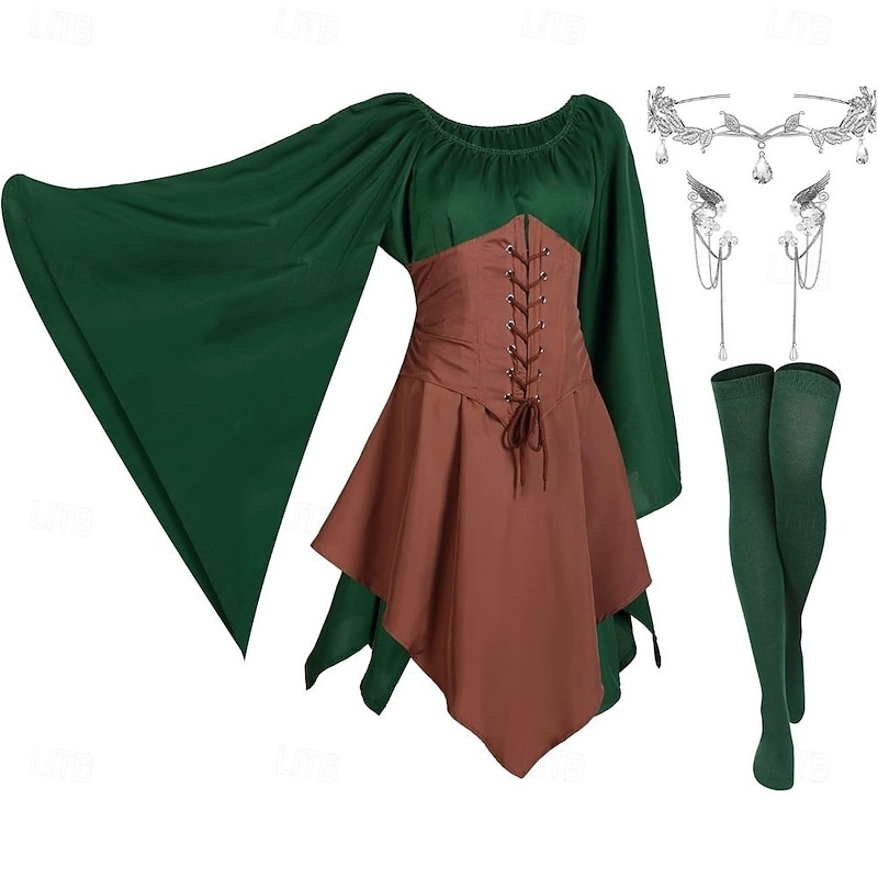 Outfits Dress Cosplay Costume Outfits Elf Fairy Fancy Dress Women's 1 Hair Jewelry Dress Socks3