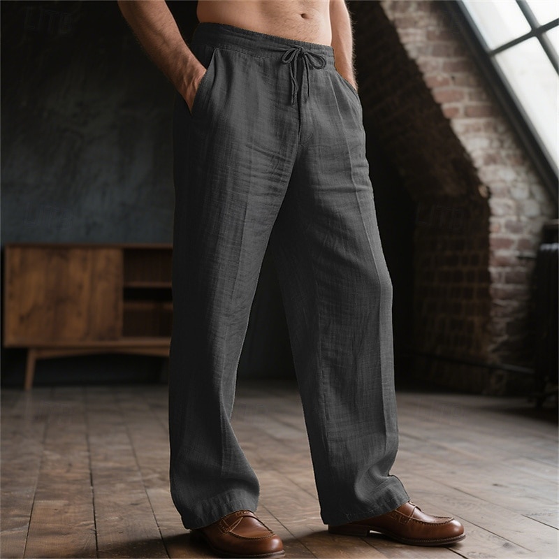Men's Linen Pants Trousers Drawstring Pocket Elastic Waist Plain Comfort Breathable Daily Basic Black White3