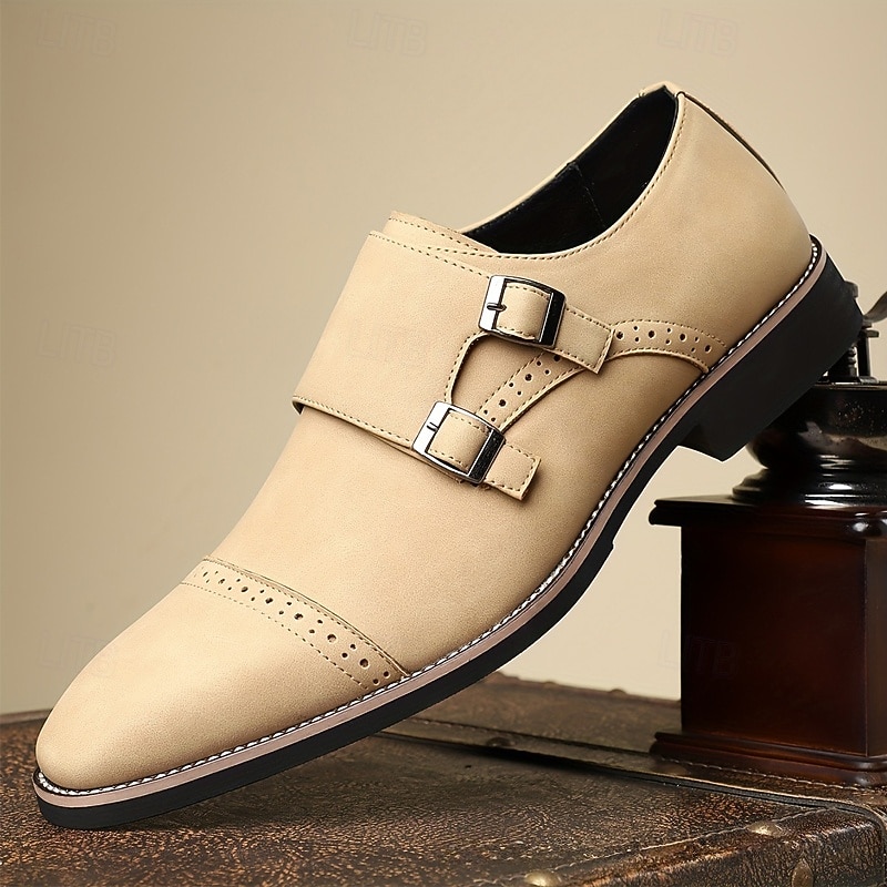 Men's Beige Faux Leather Monk Strap Shoes with Double Buckles – Elegant Formal Footwear for Weddings, Office & Special Occasions