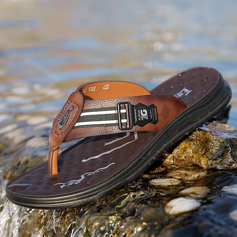 Men's Faux Leather Thong Sandals with Contrast Webbing Strap, Slip-Resistant Flip-Flops for Beach Holidays, Poolside Relaxation and Summer Walking2
