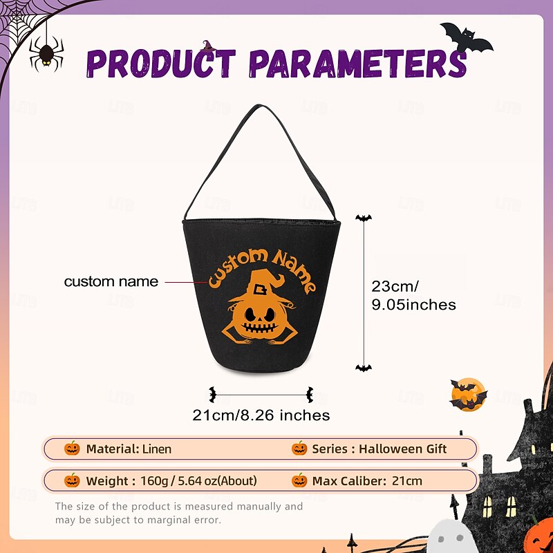 Personalized Name Halloween Treat Bag for Kids Trick or Treat Custom Candy Tote Bag Basket Gift Bag, Reusable Pumpkin Ghost Party Favor for Toddlers2