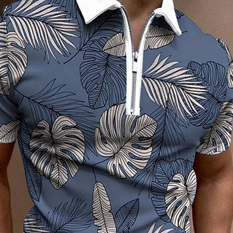 Men's Leaf Plants Zip Polo Shirts Short Sleeve Polo Shirts Collared Shirts Casual Athleisure Daily Wear 3D Print Summer Blue2