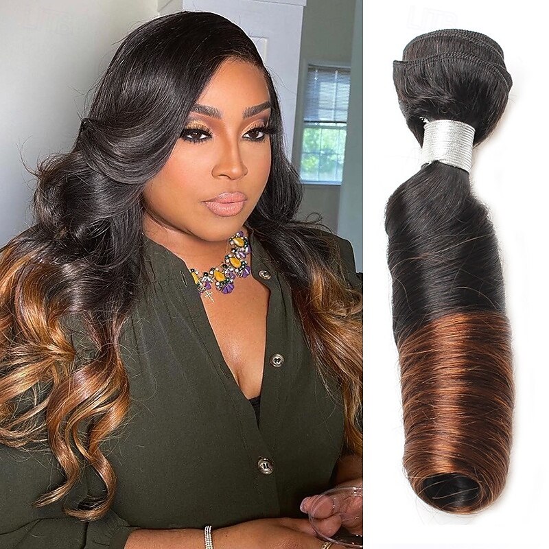 1 Bundle Of Human Hair T1B/4# Color Spring Curly Wave Human Hair 12-24 Inches - Main Image