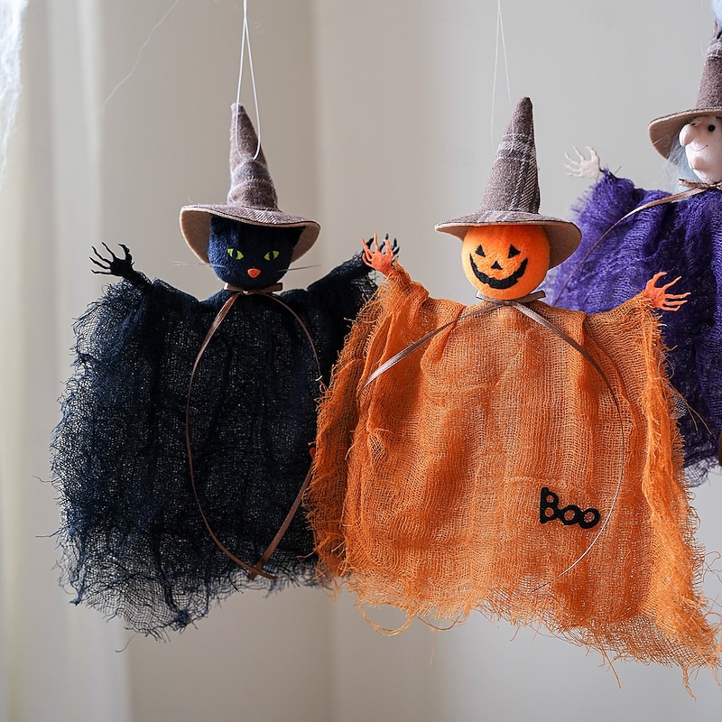 1pc Halloween Witch Ornament with Pumpkin, Ghost, and Mesh Decor - Spooky Haunted House Party Hanging Decoration for Home, Yard, or Office4