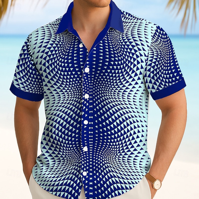 Men's Geometric Dizzy Triangle Shirt Summer Shirt Button Up Shirt Short Sleeve Fashion Casual Outdoor Holiday Summer Spring Turndown 3D Print Collared Shirts Black Blue