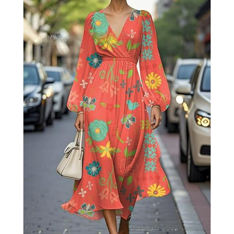 Women's Midi Dress Casual Dress Print Dress Elegant Fashion Outdoor Party Holiday Regular Fit Flower Long Sleeve V Neck Orange Summer Spring