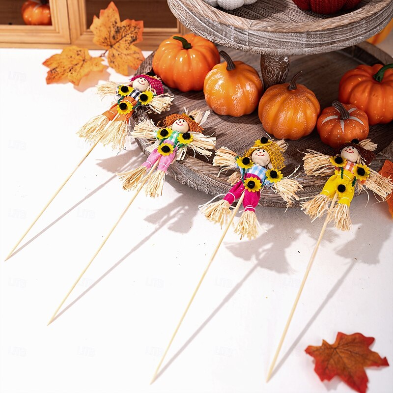 6pcs Fall Thanksgiving Wooden Scarecrow Picks Set, Harvest Season Stick Decorations for Floral Bouquets, Table Centerpieces, Rustic Farmhouse Display2