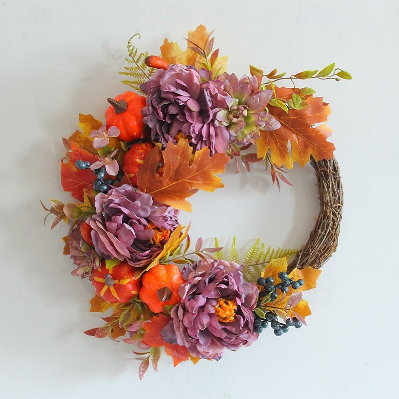 Fall Wreath for Front Door Thanksgiving Autumn Harvest Indoor Outdoor Decoration, Peony and Pumpkin Artificial Grapevine Wreath Rustic Home Garden Decor2