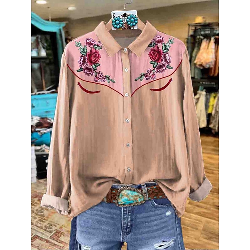 Women's Shirt Button Down Tunic Shirt Collar Long Sleeve Floral Graphic Western Casual Regular Tops Work Daily s Print Blush Pink Yellow Red Spring Fall Winter3