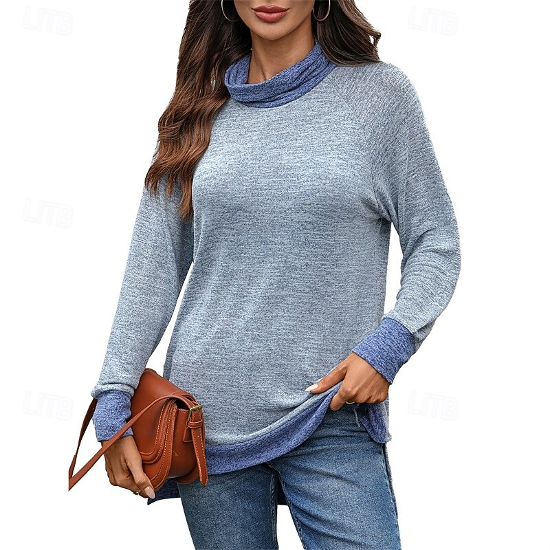 Women's T Shirt Color Block Casual Long Sleeve Turtleneck Regular Tops Daily Weekend Patchwork Black Army Green Navy Blue Blue Brown Fall