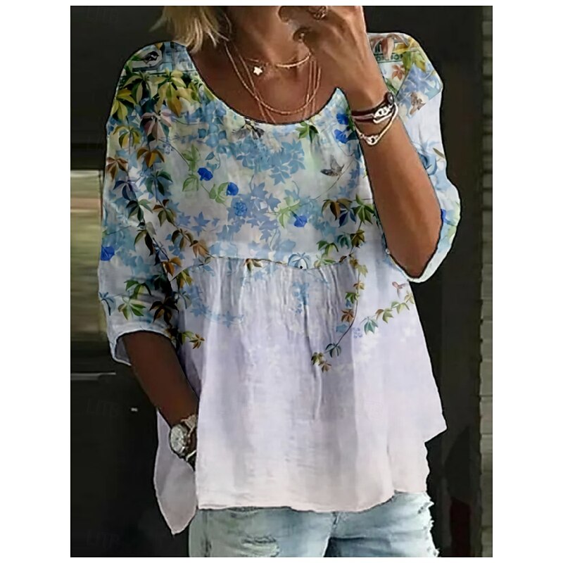 Women's Blouse Floral Stylish 3/4 Length Sleeve Crew Neck Regular Tops Daily Holiday Print Pink Blue Purple Green Summer2