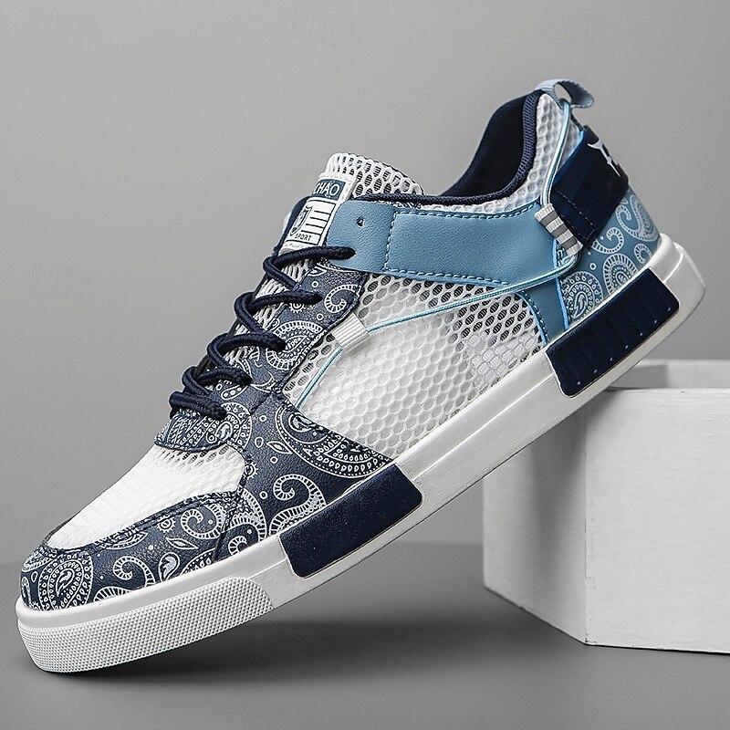Men's Blue and White Sports Sneakers Mesh Upper with Breathable Design Stylish Lace-Up Closure Ideal for Casual Athletic and Everyday Activities