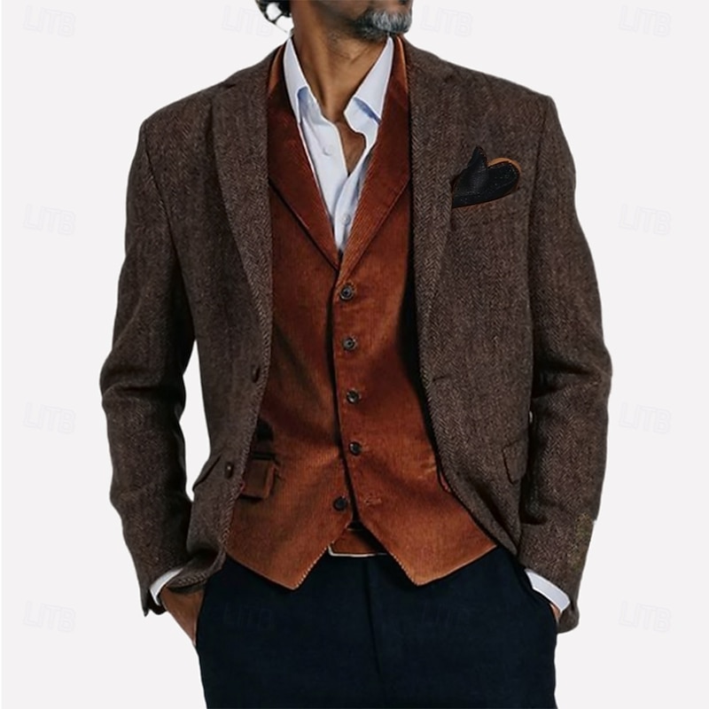 Men's Tweed Blazer Herringbone Blazer Jacket Brown Vintage Retro Wool Blazer Standard Fit Single Breasted Two-buttons2