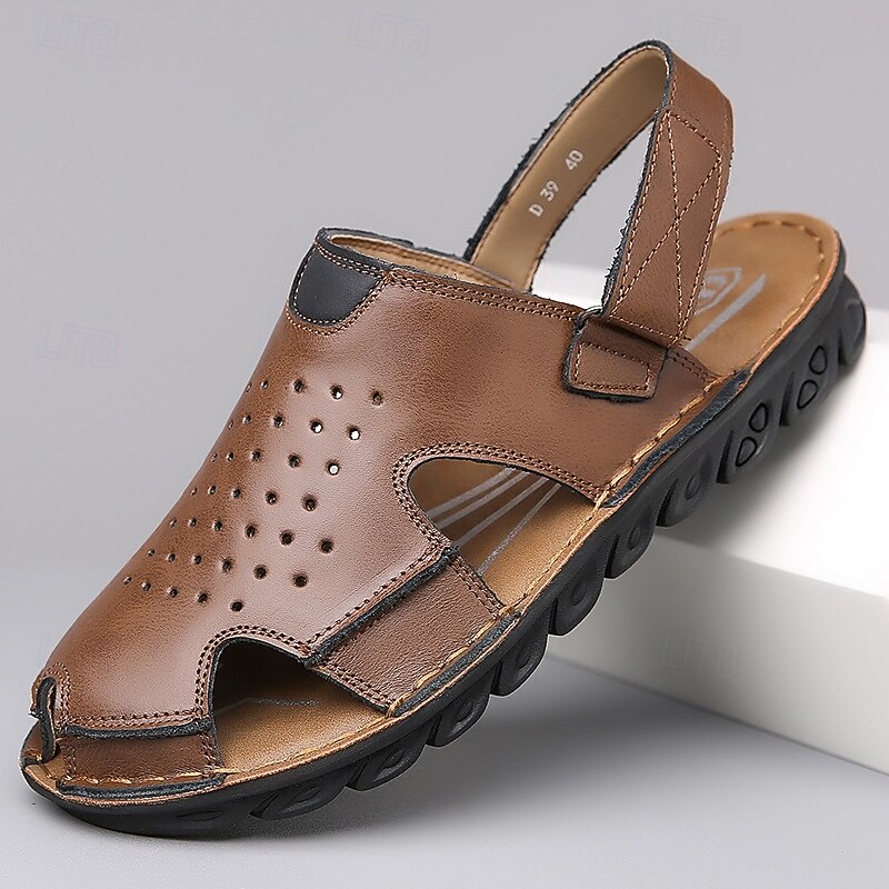 Men's Outdoor Sandals with Faux Leather Perforated Design and Hook and Loop Strap Durable Sole for Hiking Beach and Daily Activities