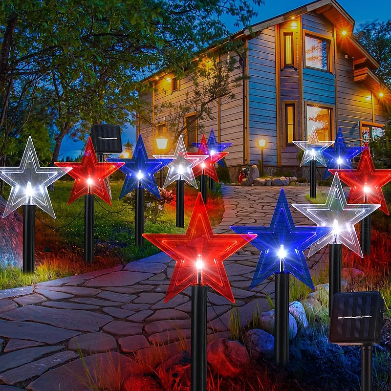 1 Pc. Outdoor Solar Patriotic Pathway Lights Waterproof Red, White, Blue Five Pointed Star Ground Mounted Light July 4th Independence Day Courtyard Garden Lawn Party Patriotic Festival Atmosphere2