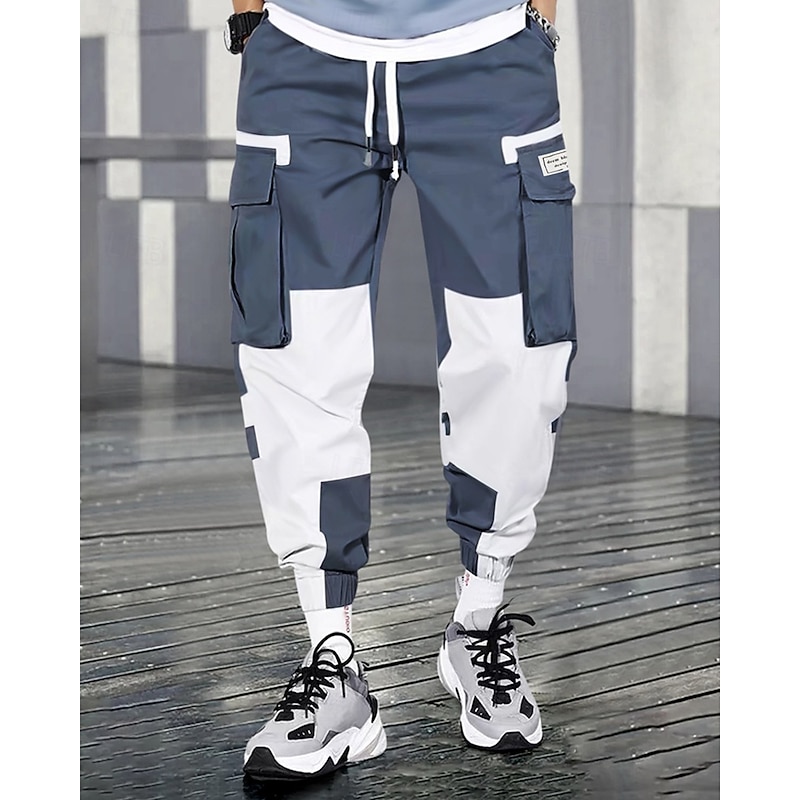 Men's Cargo Pants Trousers Techwear Elastic Waist Drawstring Multi Pocket Color Block Wearable Outdoor Daily Camping & Hiking Fashion Classic Black Blue3