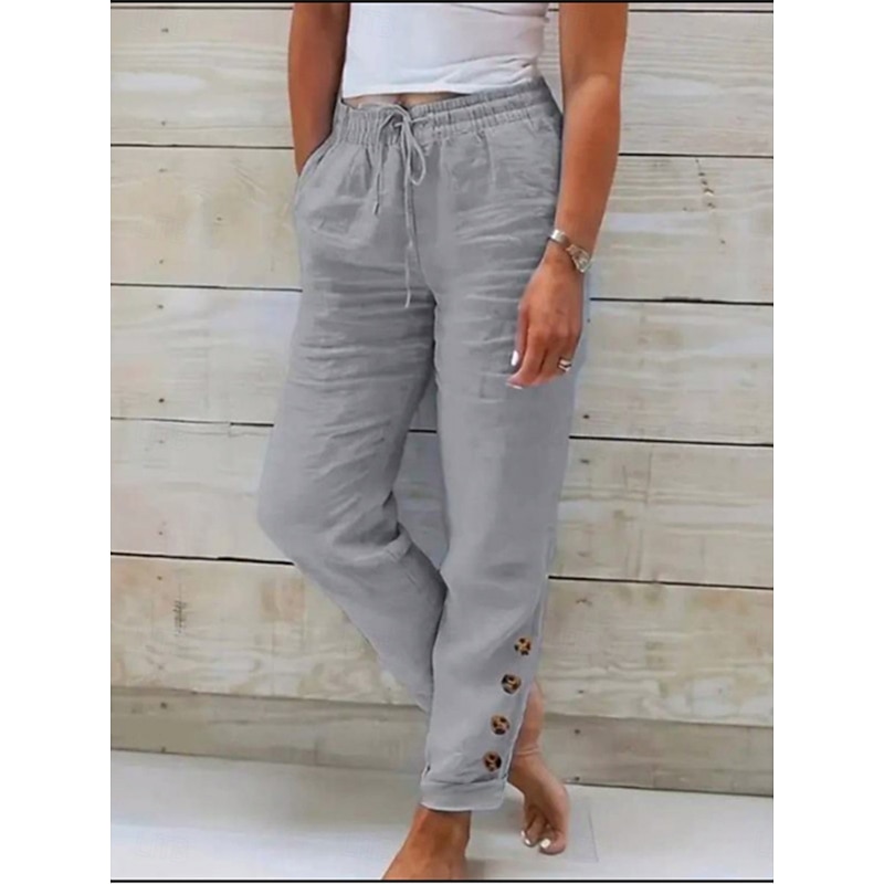 Women's Cotton Linen Pants Chinos Vacation Vintage Fashion Full Length High Waist Plain Pocket Elastic Waistband Comfy Soft Comfortable Micro-elastic Outdoor Street Black White Light Green Red Spring2