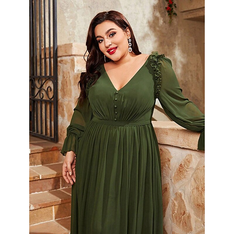 A-Line Evening Gown Elegant Dress Formal Wedding Floor Length Long Sleeve V Neck Chiffon V Back with Pleats4