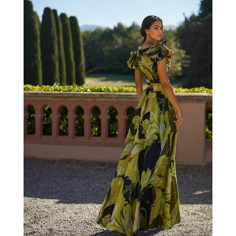 A-Line Evening Gown Elegant Dress Formal Wedding Floor Length Sleeveless V Neck Pocket Nylon with Floral Print Pocket3