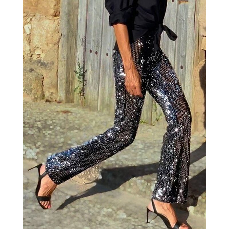 Women's Flared Pants Pants Trousers Fashion Streetwear Full Length High Waist Solid Color Sequins Elastic Waist Breathability Comfortable Micro-elastic Party Going out Black Summer Regular Fit4