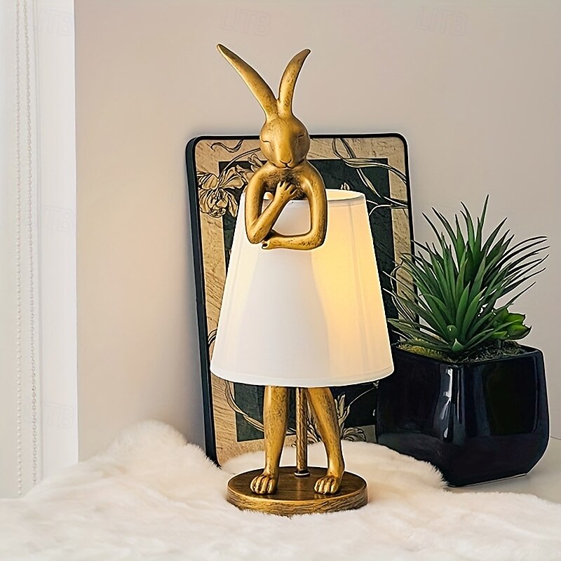 Mid-Century Modern Rabbit Table Lamp with Linen Shade USB-Powered Decorative Desk Light Golden Finish Soft Ambient Lighting for Living Room Bedroom or Study Desk Lamp2