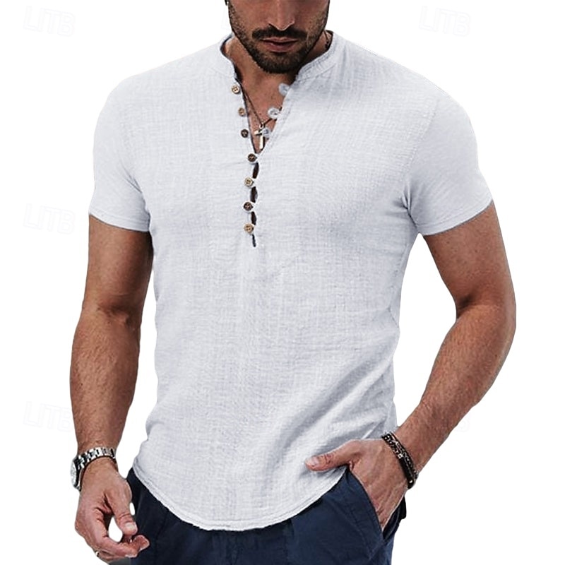 Men's Linen Shirt Band Collar Shirt Popover Shirt Summer Shirt Beach Wear Casual Shirt Plain Vacation Casual Black White Red Khaki Short Sleeve Band Collar Summer Clothing Apparel Buttons3