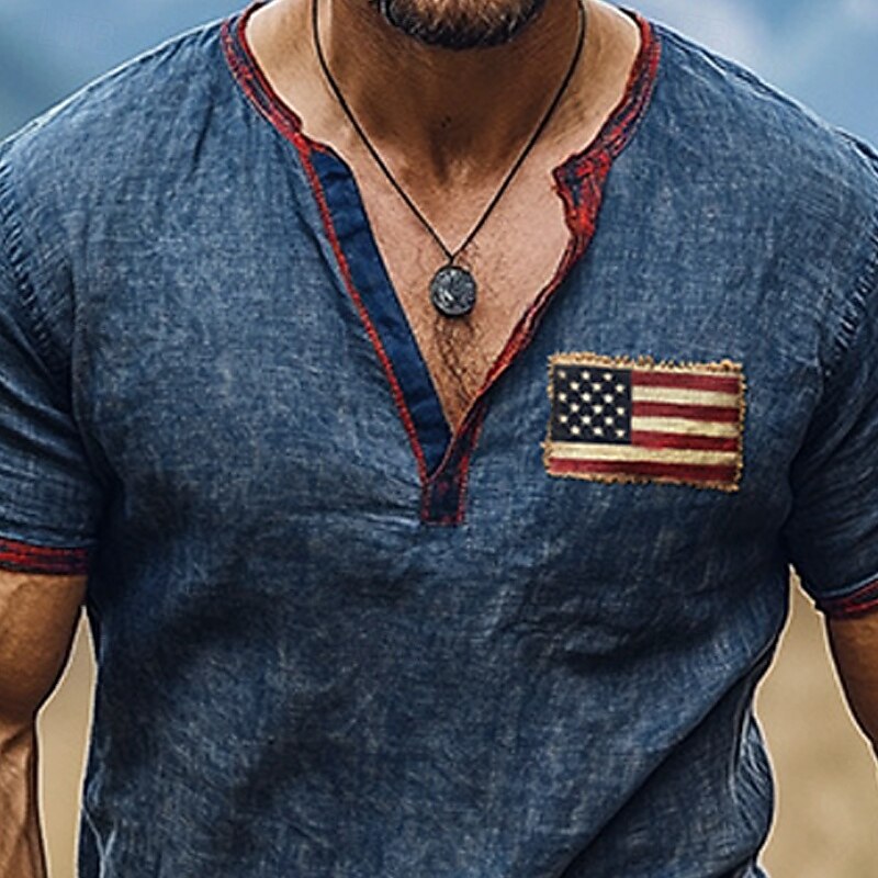 Men's T Shirt Henley Shirt Tee Short Sleeve Shirt Short Sleeve Henley Summer American Flag Fashion Designer Basic Print Vacation Street Going out Blue Top Tee for Men2