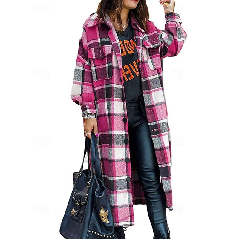 Women's Trench Coat Comfortable Buttons Pocket Modern Street Style Plaid Going out Casual Daily Single Breasted Long Turndown Regular Fit Long Sleeve Outerwear Red Rose Red Gray Fall Winter3