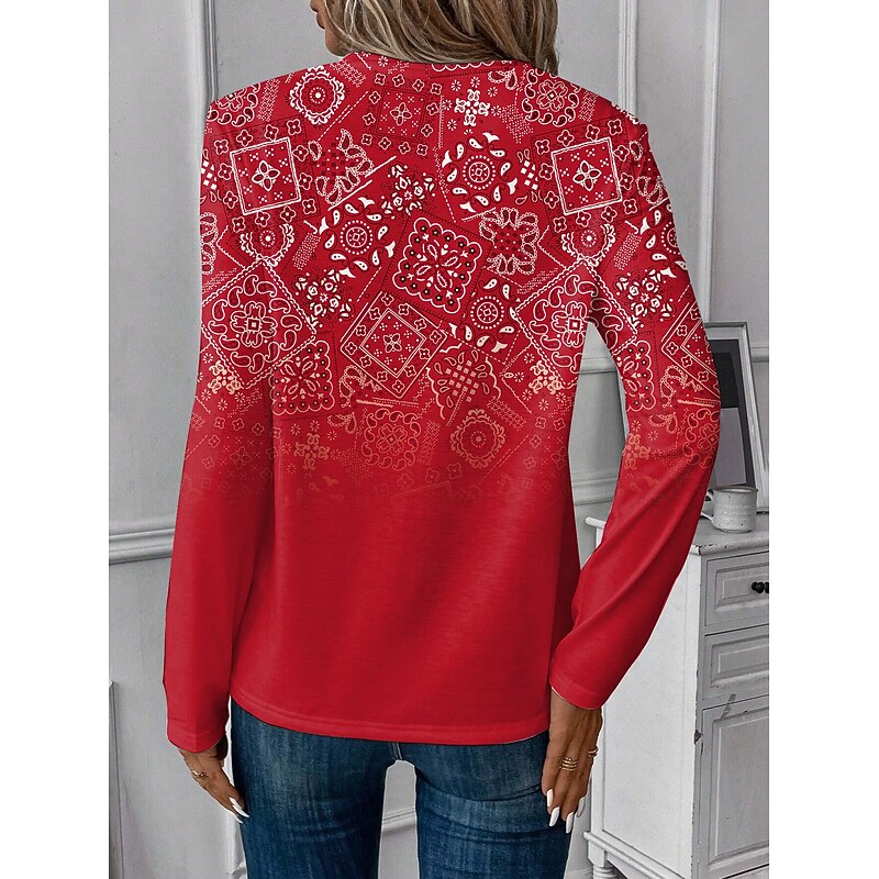 Women's T Shirt Quarter Zip Long Sleeve Casual Graphic Color Gradient Vintage Modern V Neck Regular Tops Daily Red Blue Purple Green Summer Spring2