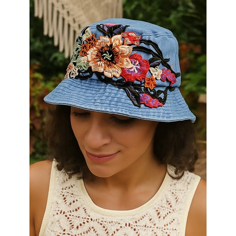 Women's Embroidered Denim Bucket Hat – Floral Design, Stylish Summer Hat, Perfect for Outdoor Activities, Beach and Casual Wear