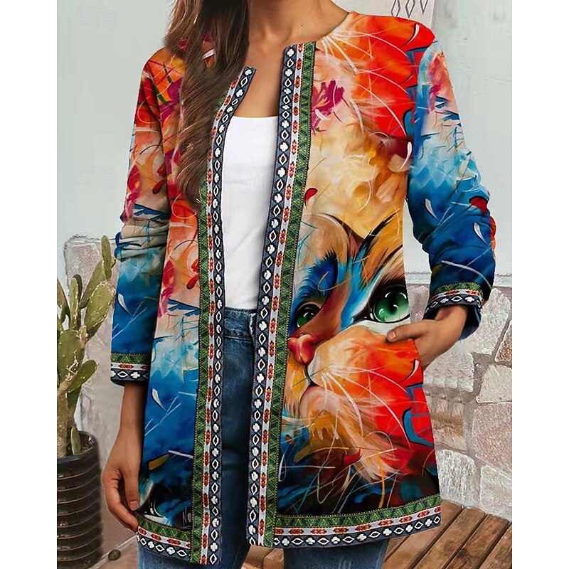 Women's Dressy Dusters Dressy Jackets Casual Jacket Street Going out Fall Winter Regular Coat Regular Fit Warm Comfortable Fashion Modern Jacket Long Sleeve Floral Pocket Red Purple Orange3