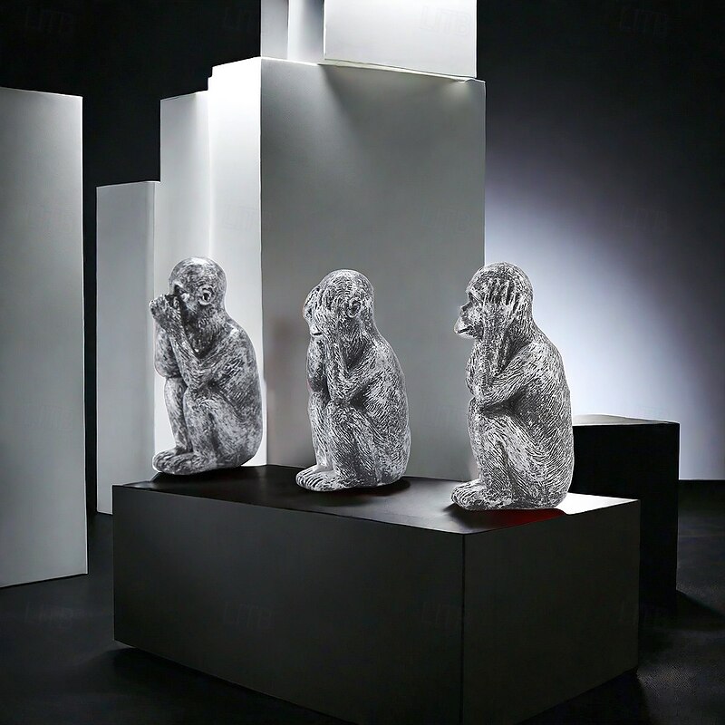 Three Wise Monkey Figurines See No Evil, Hear No Evil, Speak No Evil Statues, Resin Desktop Ornaments for Home, Office, and Shelf Decoration3