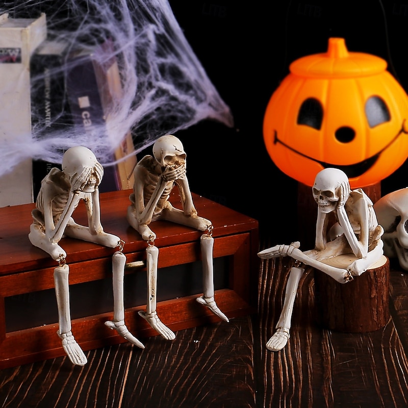Halloween Resin Skeleton Figurine, See No Evil Hear No Evil Speak No Evil Skull Three Wise Skeleton Statue, Spooky Ghost Festival Decor, Horror Skeleton Craft Ornament2