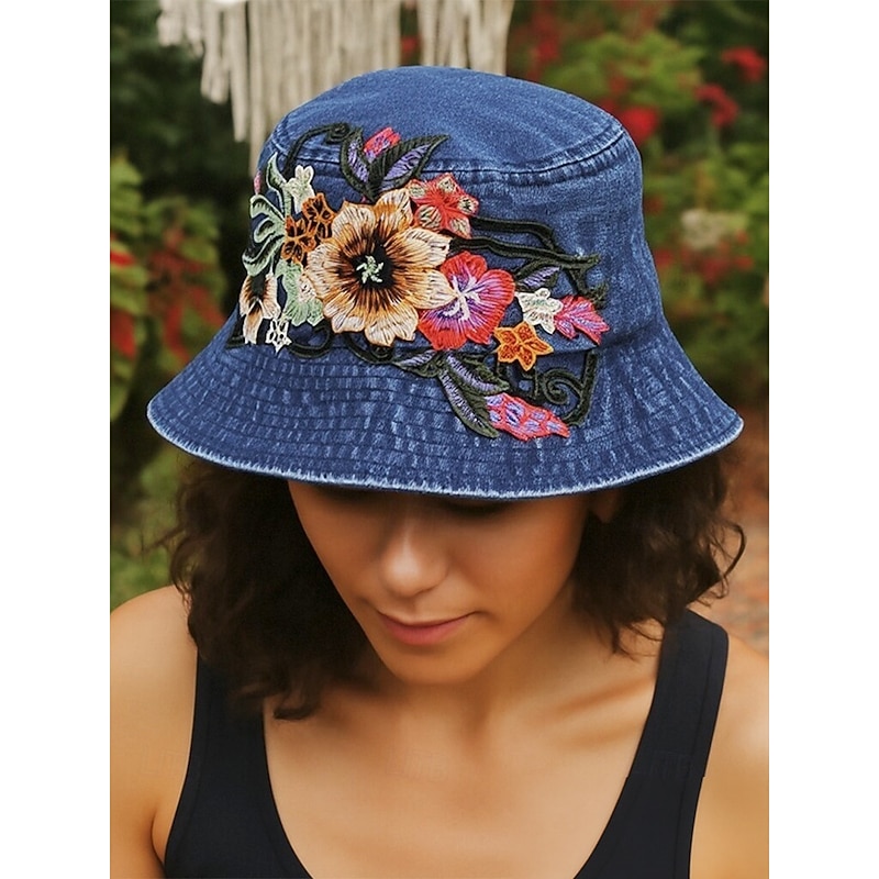 Women's Embroidered Denim Bucket Hat – Floral Design, Stylish Summer Hat, Perfect for Outdoor Activities, Beach and Casual Wear2