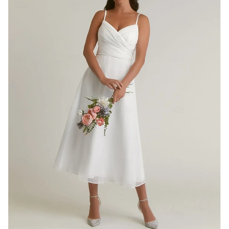 Engagement Little White Dresses Wedding Dresses A-Line V Neck Spaghetti Strap Tea Length Satin Bridal Gowns With Ruched