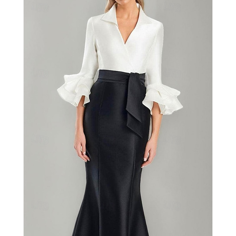 Black and White Formal Dress Mermaid / Trumpet Evening Gown Elegant Dress Formal Wedding Floor Length Half Sleeve Shirt Collar Stretch Satin with Ruffles2