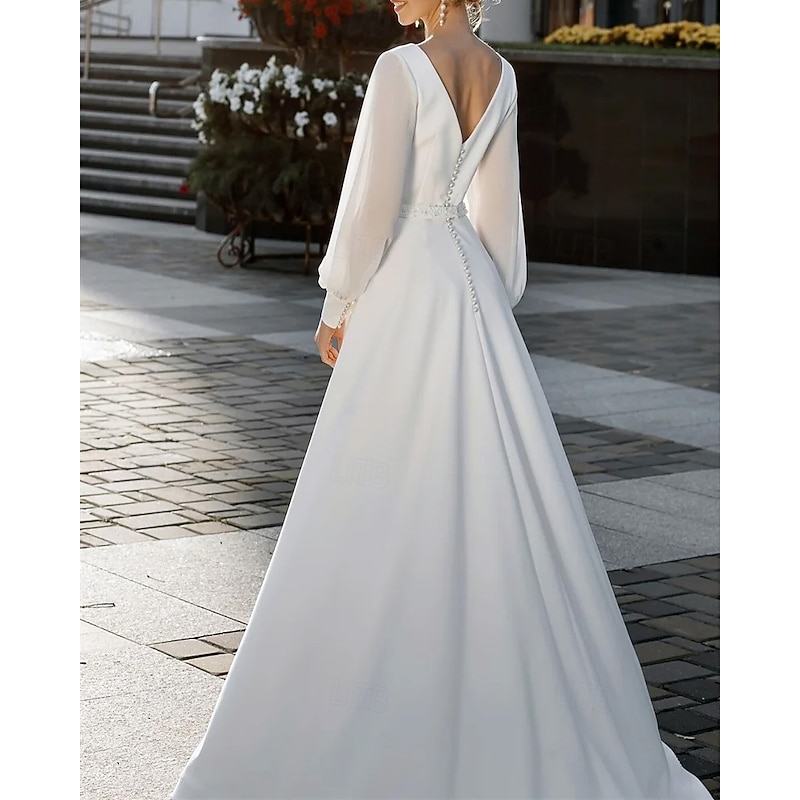 Casual Wedding Dresses A-Line V Neck Long Sleeve Floor Length Stretch Crepe Wedding Guest Dress Simple Bridal Gowns With Beaded Waist Belt3