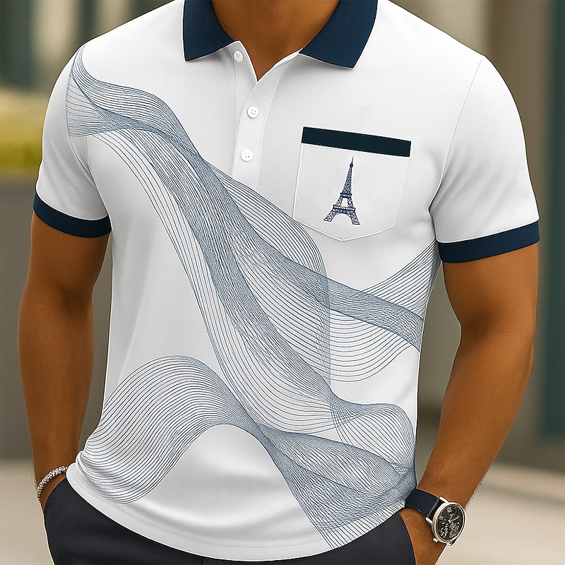Men's Geometic Line Polo Short Sleeve Polo Shirts Collared Shirts Business Casual Outdoor Athleisure Daily Wear Buttons Pocket 3D Print Summer Black Blue2