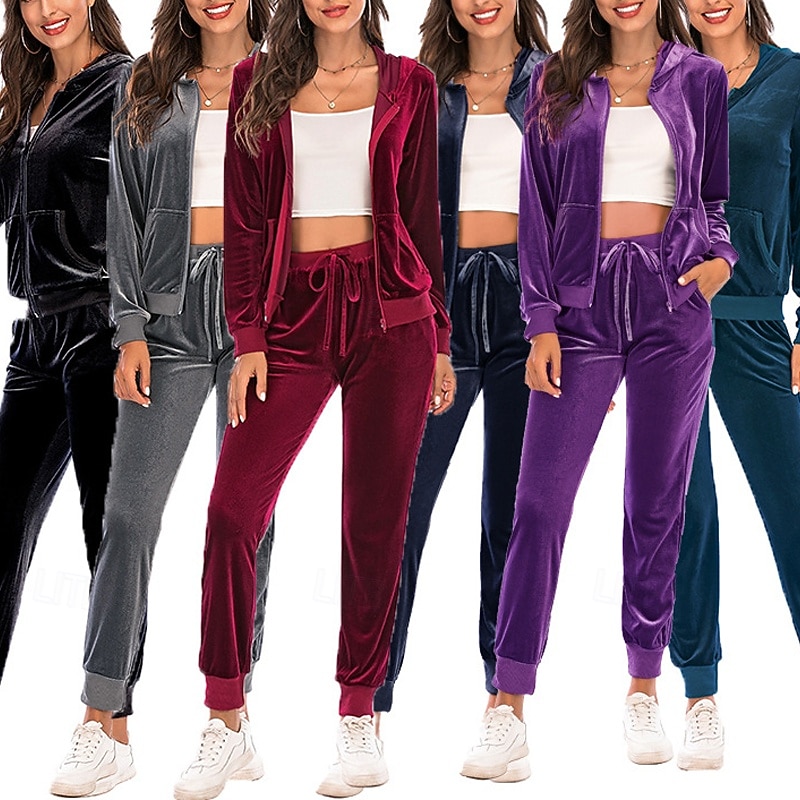 Women's Tracksuit Sweatpants Hooded Jacket Zipper Pocket Solid Colored Clothing Suit Fall Black Burgundy Velour Gym Workout Sports Windproof Long Sleeve Sport Activewear Micro-elastic Regular Fit