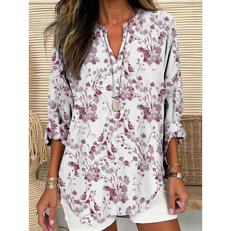 Women's Shirt Floral Stylish Modern Long Sleeve V Neck Regular Tops Daily Holiday Buttons Print Pink Purple Green Beige Summer