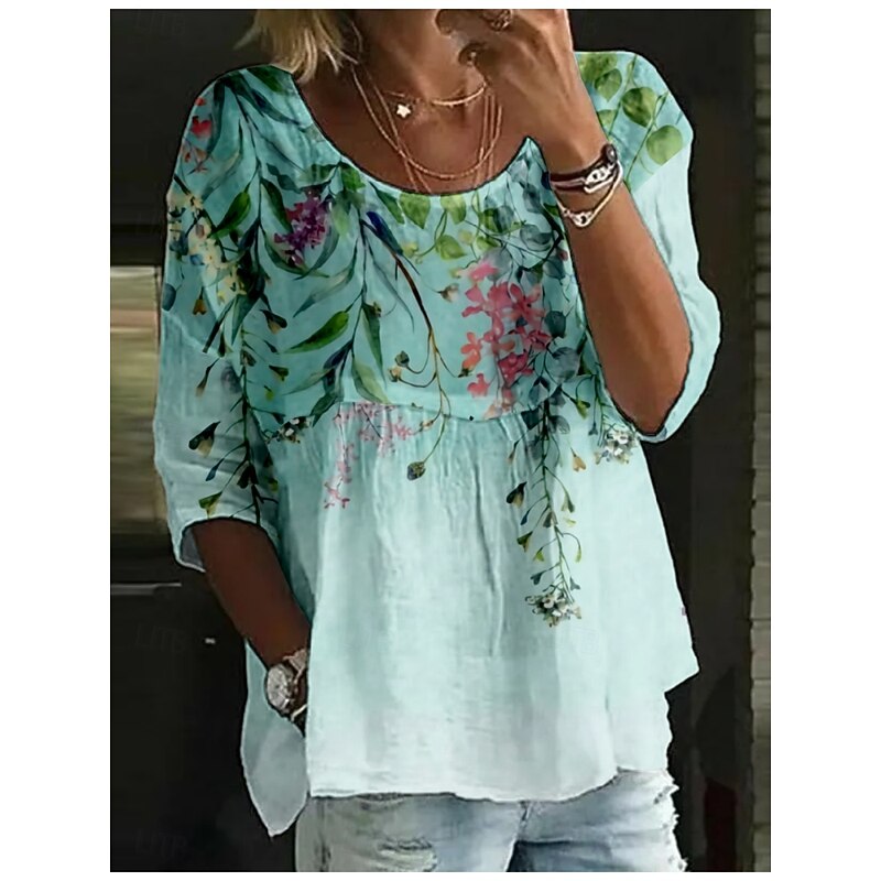 Women's Blouse Floral Stylish 3/4 Length Sleeve Crew Neck Regular Tops Daily Holiday Print Pink Blue Purple Green Summer3