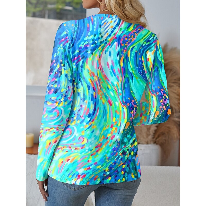 Women's T Shirt Graphic Geometric Abstract Stylish Modern Casual Long Sleeve V Neck Regular Tops Daily Cut Out Print Red Blue Purple Green Spring Fall2