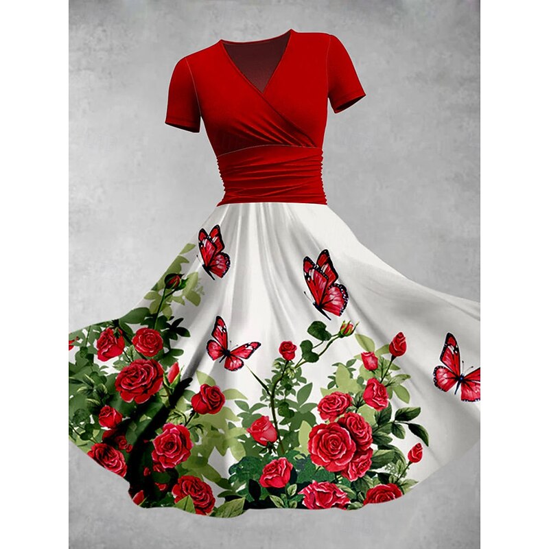 Women's Midi Dress Summer Dress Fit And Flare Dress Party Casual Daily Holiday Regular Fit Floral Graphic Short Sleeve V Neck Yellow Red Blue Purple Summer3