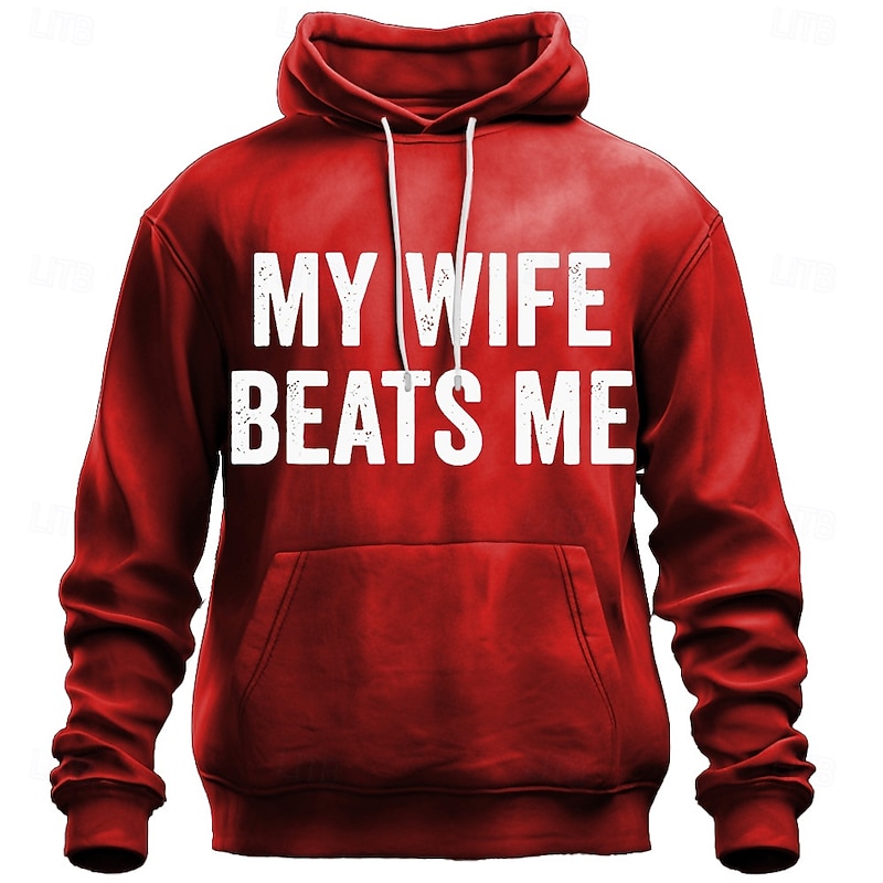 Men's Funny 'My Wife Beats Me' Graphic Hoodie, Humorous Marriage Relationship Pullover, Novelty Husband Gift2