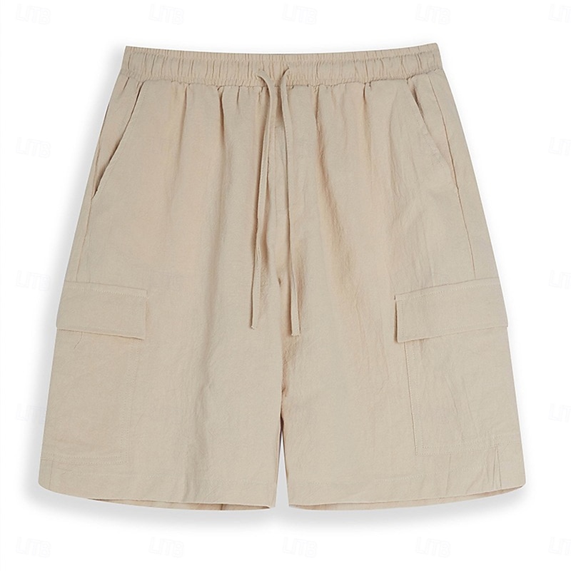 Men's Cargo Shorts Shorts Linen Shorts Summer Shorts Beach Shorts Drawstring Elastic Waist Multi Pocket Plain Knee Length Outdoor Casual Daily Vacation Hawaiian Black White Inelastic3