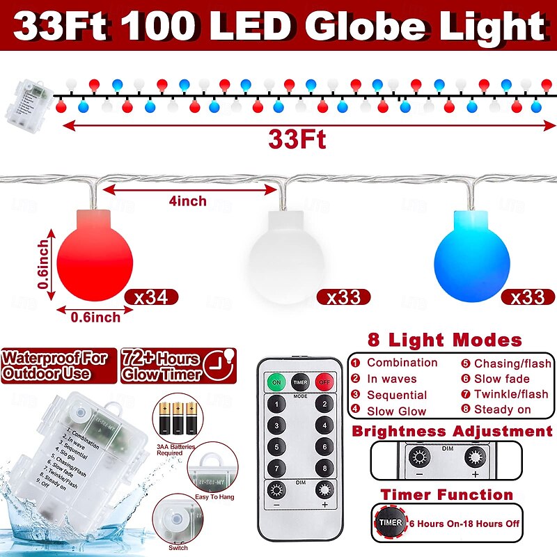1 Pc 33FT-100 LED Patriotic String Lights July 4th Independence Day Red Blue White Ball Decorative LED String Patriotic Gathering Party Atmosphere 8 Function Remote Control Waterproof Battery Box3