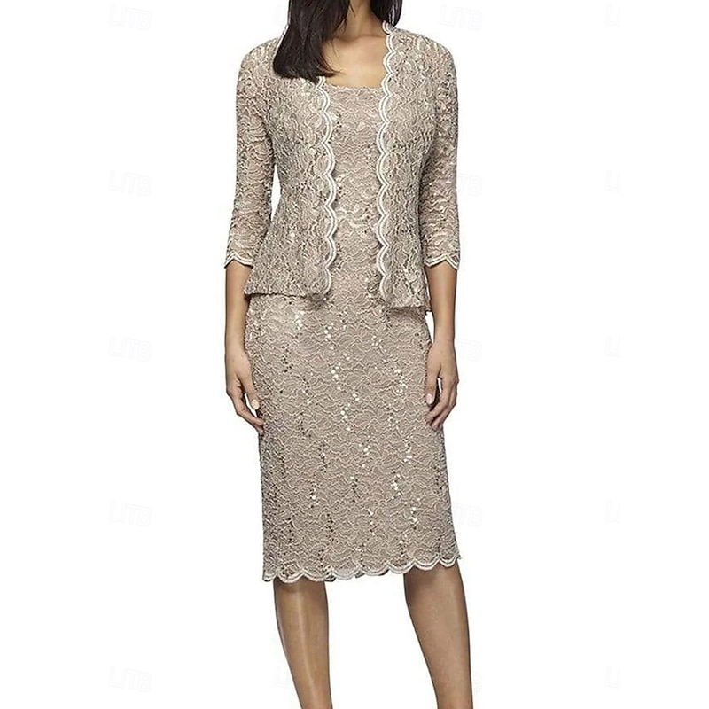 Two Piece Dress Sets Mother of the Bride Dress Elegant Square Neck Knee Length Lace 3/4 Length Sleeve with Lace