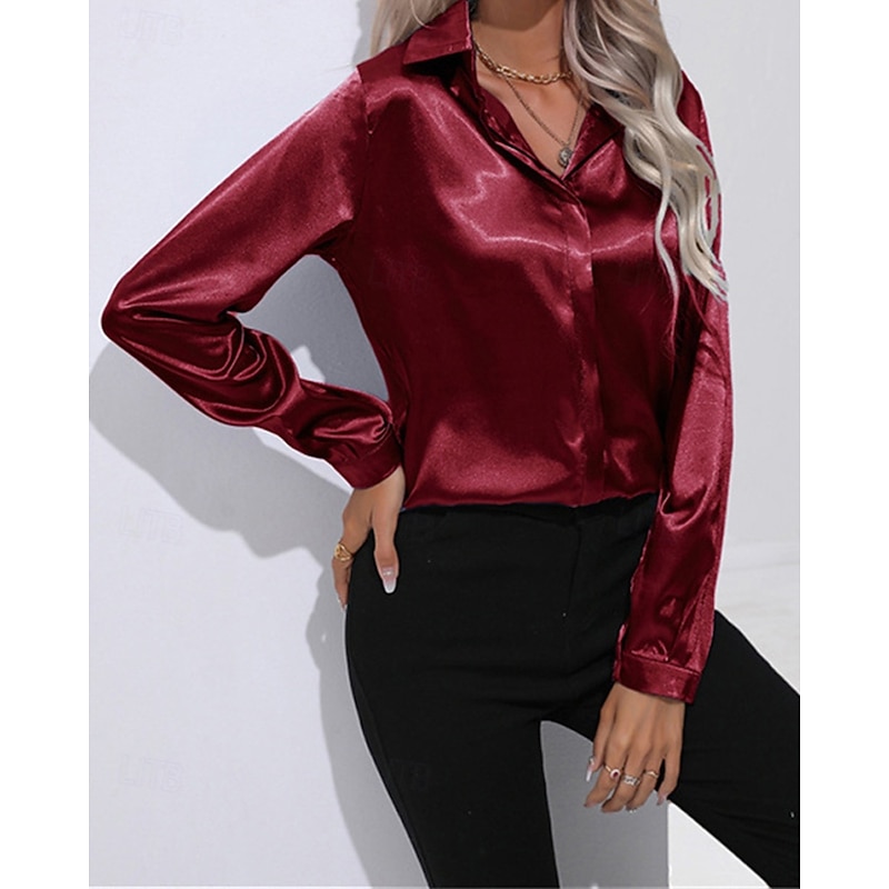 Women's Shirt Silk Shirt Plain Daily Stylish Casual Long Sleeve Shirt Collar Regular Tops Work Daily Holiday Buttons Black White Wine Spring Fall