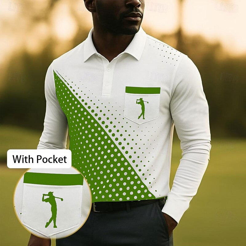 Men's Geometric Golf Sports Polo Shirts Long Sleeve Polo Shirts Collared Shirts Business Casual Business Athleisure Daily Wear Pocket 3D Print Buttons Spring Fall Winter White Red Blue3